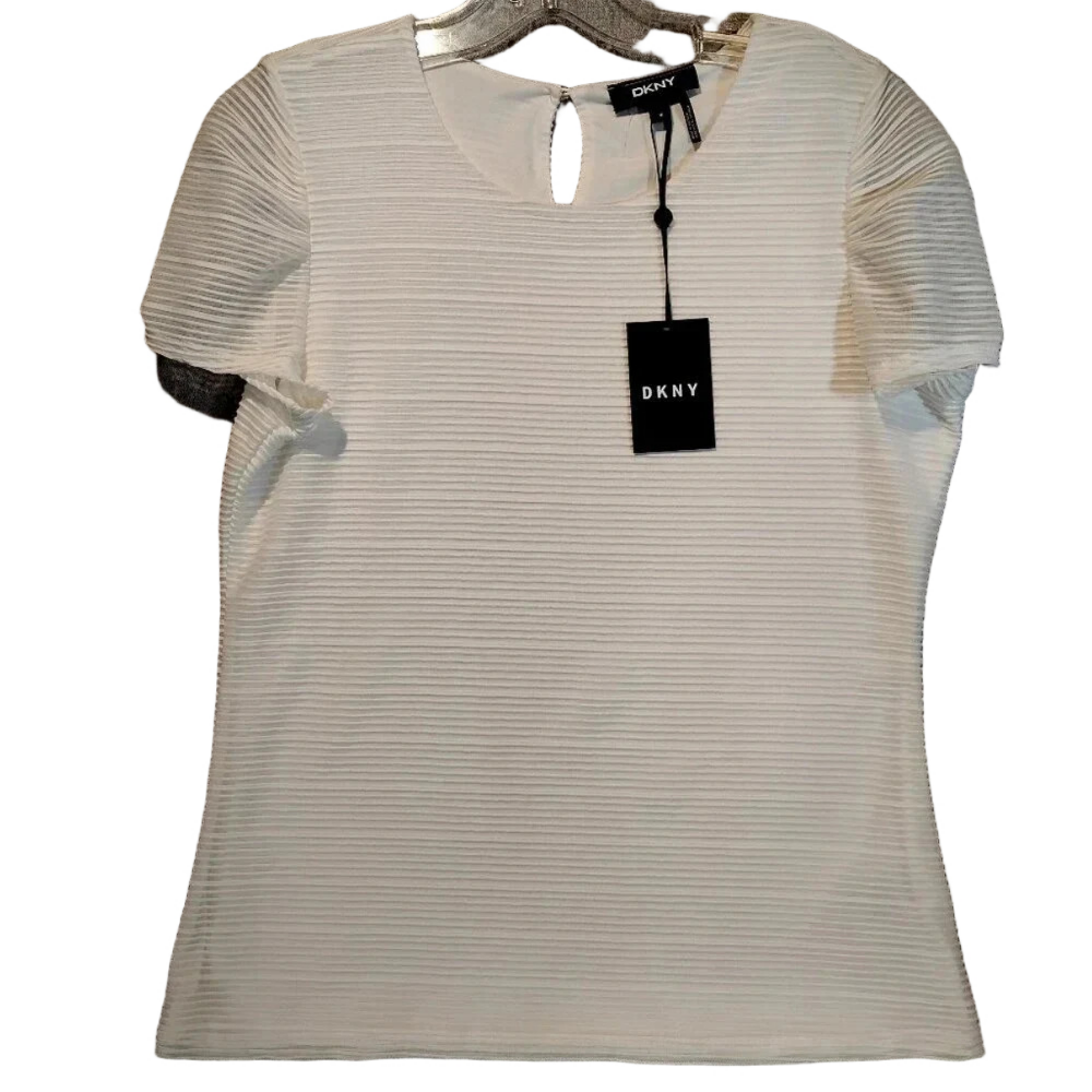 DKNY Women's White Ribbed Short Sleeve Blouse NWT in Size Medium